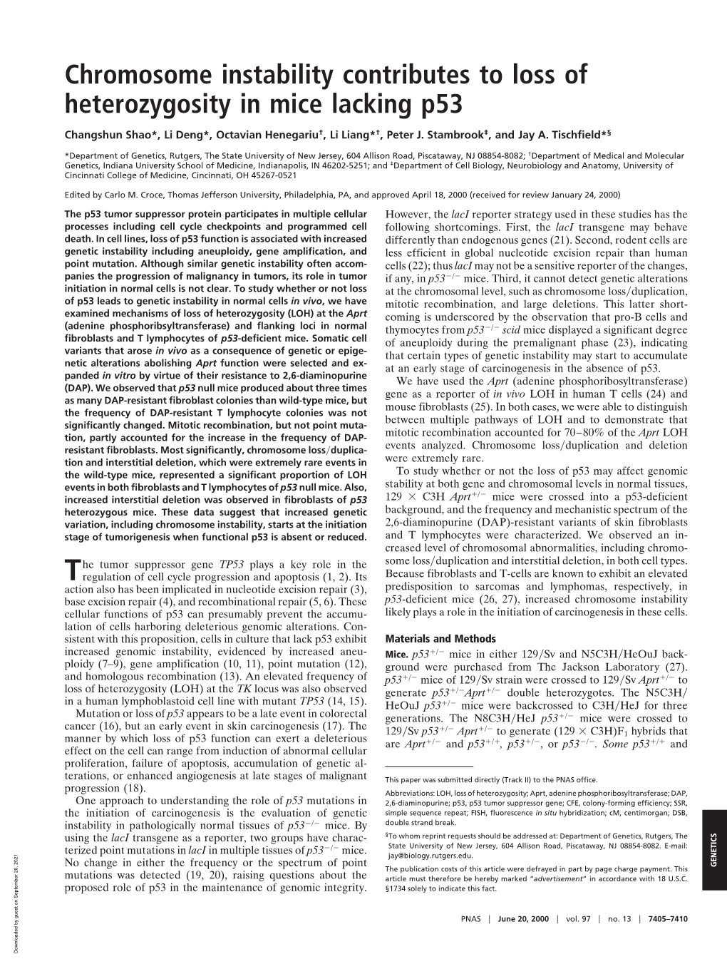 Chromosome Instability Contributes to Loss of Heterozygosity in Mice Lacking P53