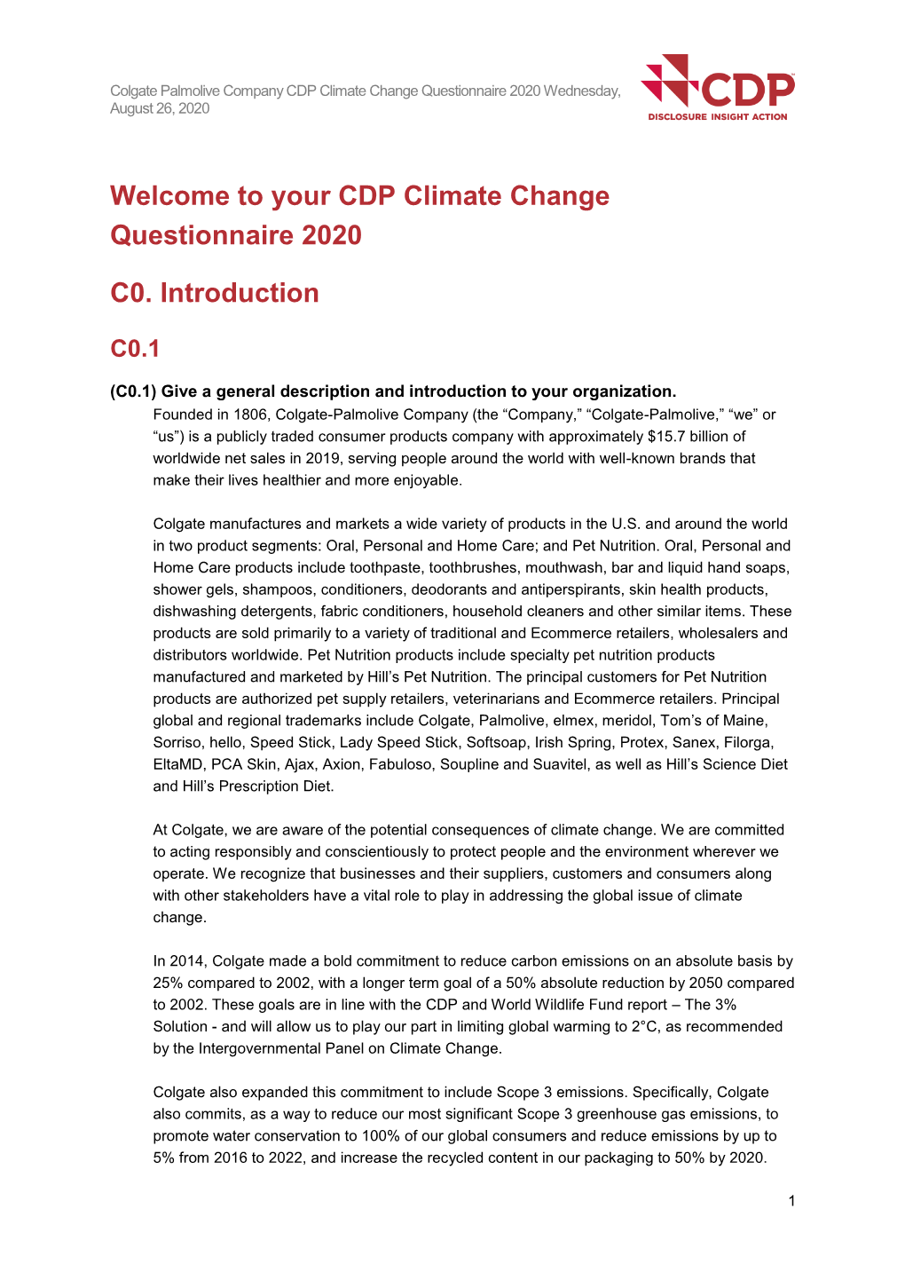 Welcome to Your CDP Climate Change Questionnaire 2020
