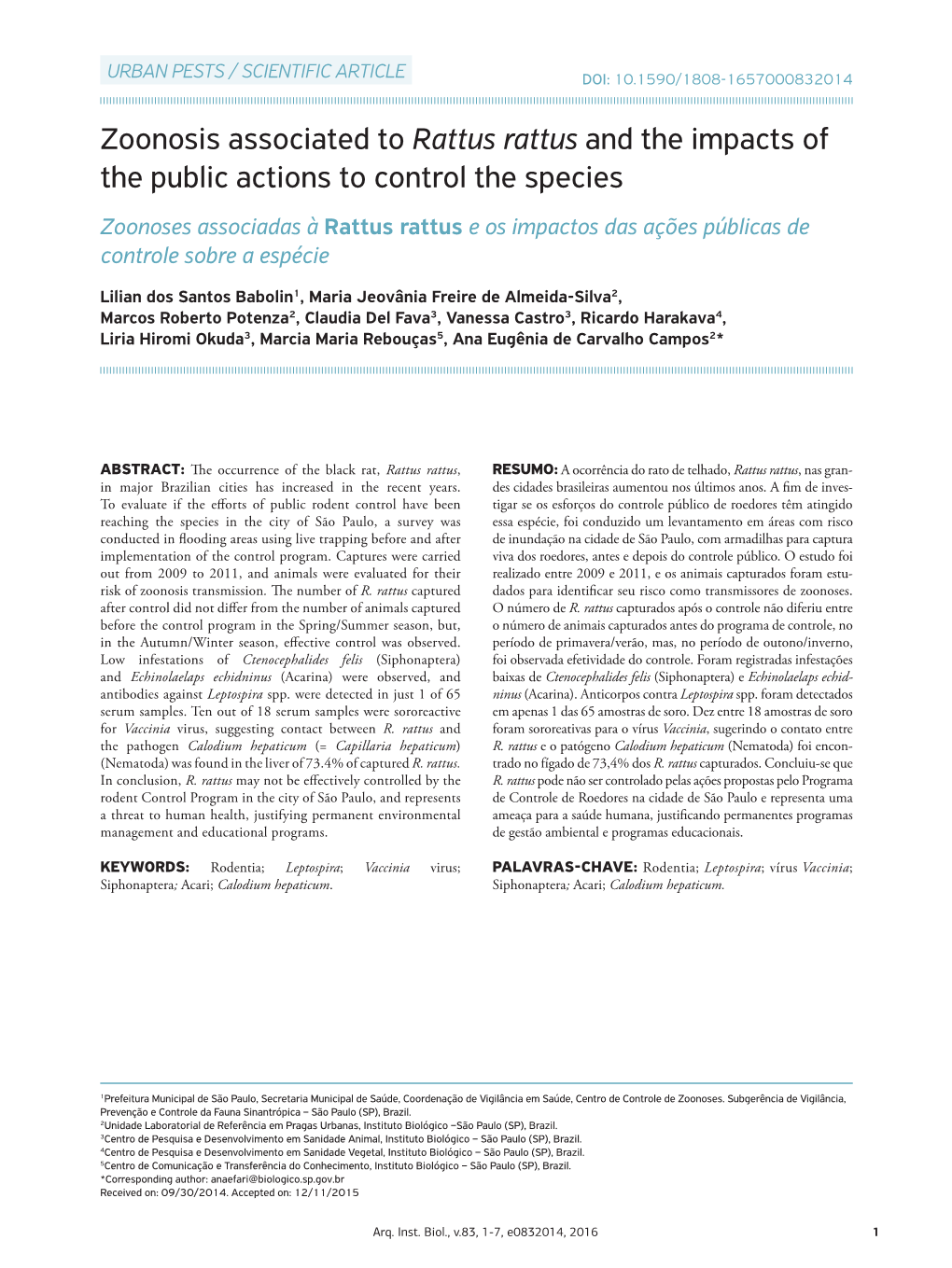Zoonosis Associated to Rattus Rattus and the Impacts of the Public