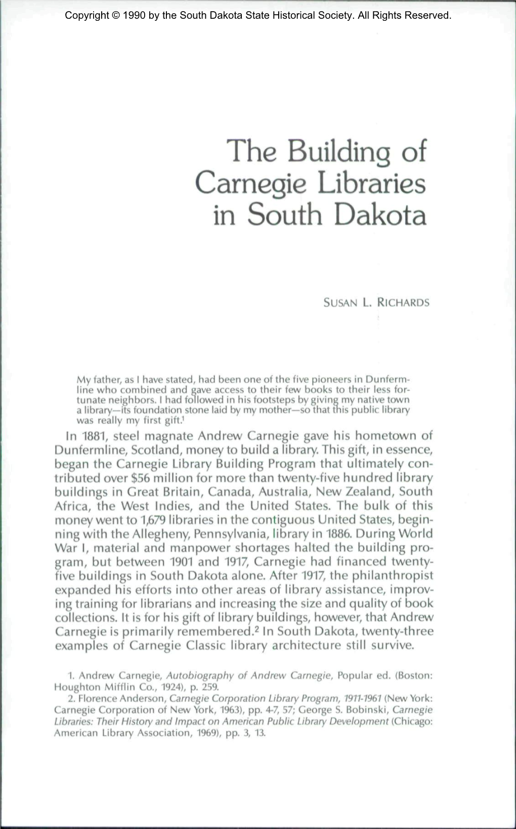 The Building of Carnegie Libraries in South Dakota