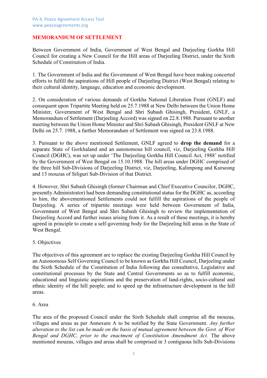 MEMORANDUM of SETTLEMENT Between Government of India, Government of West Bengal and Darjeeling Gorkha Hill Council for Creating