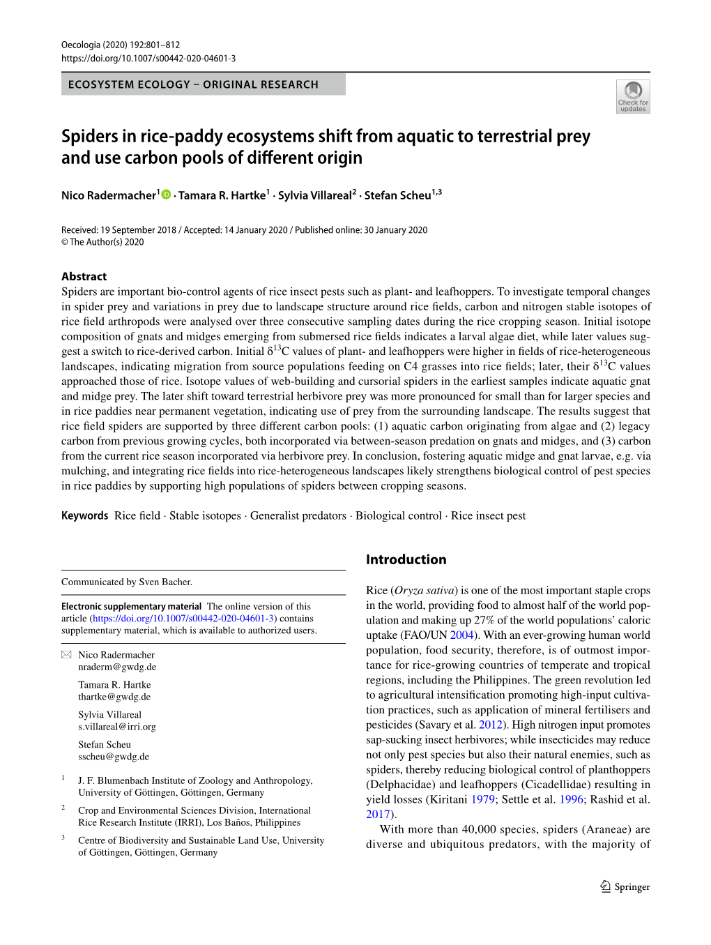 Spiders in Rice-Paddy Ecosystems Shift from Aquatic to Terrestrial Prey and Use Carbon Pools of Different Origin