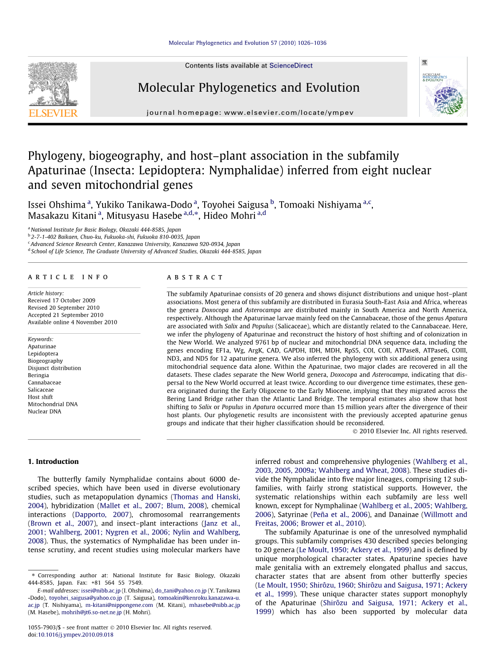 Phylogeny, Biogeography, and Host￢ﾀﾓplant Association in the Subfamily Apaturinae (Insecta: Lepidoptera: Nymphalidae) Infe