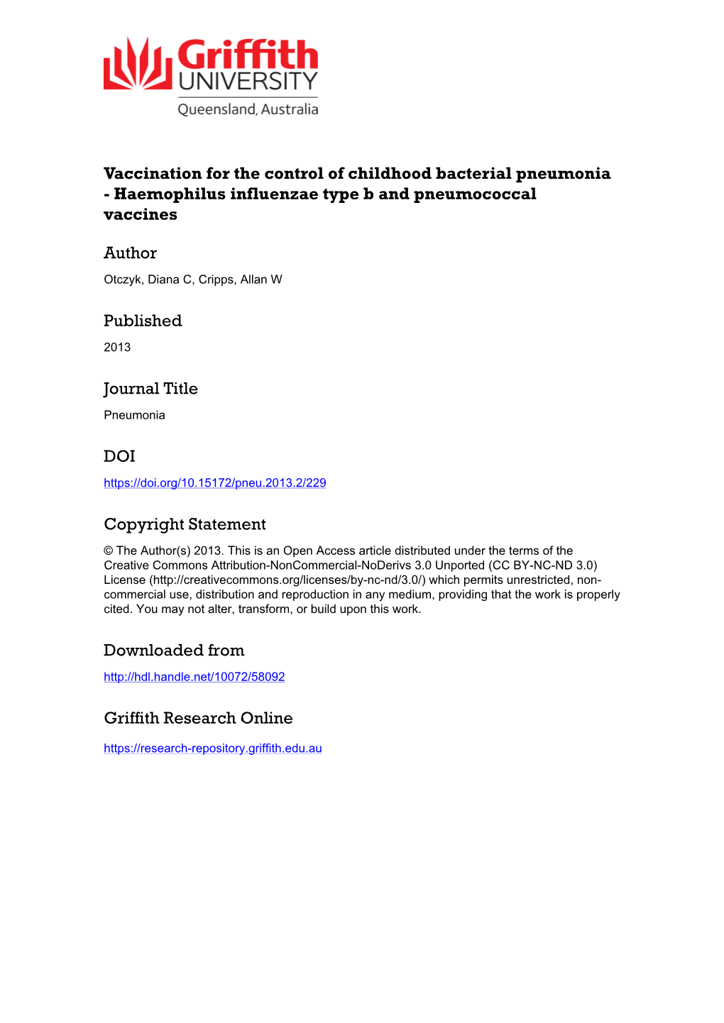 Pneumonia - Haemophilus Influenzae Type B and Pneumococcal Vaccines