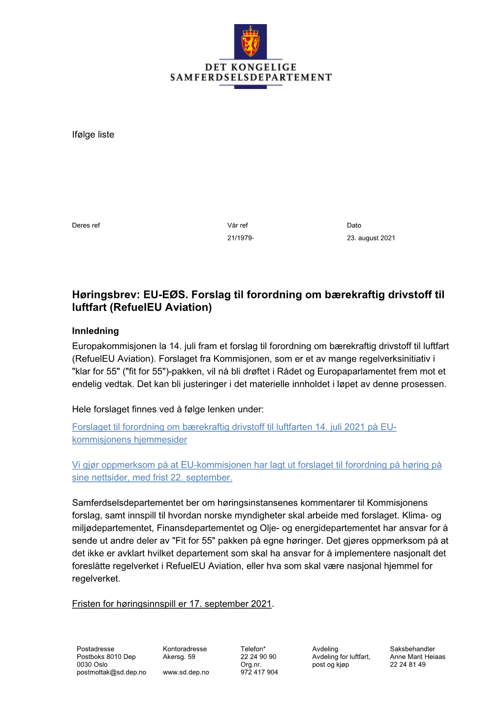 EU-EØS. Forslag Til Forordning Om Bærekraftig Drivstoff Til Luftfart (Refueleu Aviation)