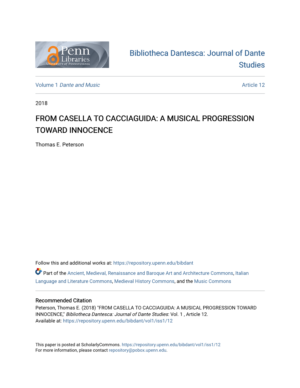 From Casella to Cacciaguida: a Musical Progression Toward Innocence