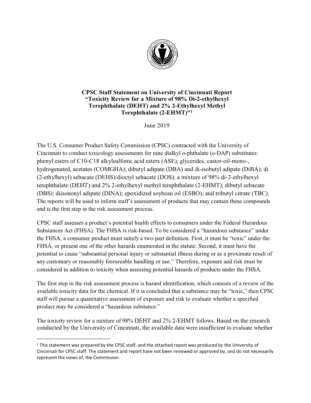 CPSC Staff Statement on University of Cincinnati Report “Toxicity Review