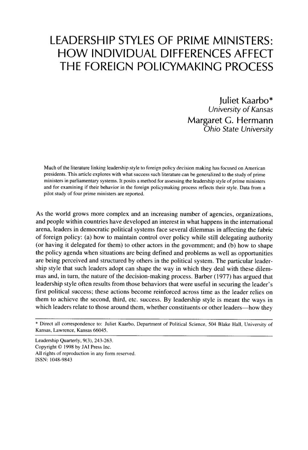 Leadership Styles of Prime Ministers: How Individual Differences Affect the Foreign Policymaking Process