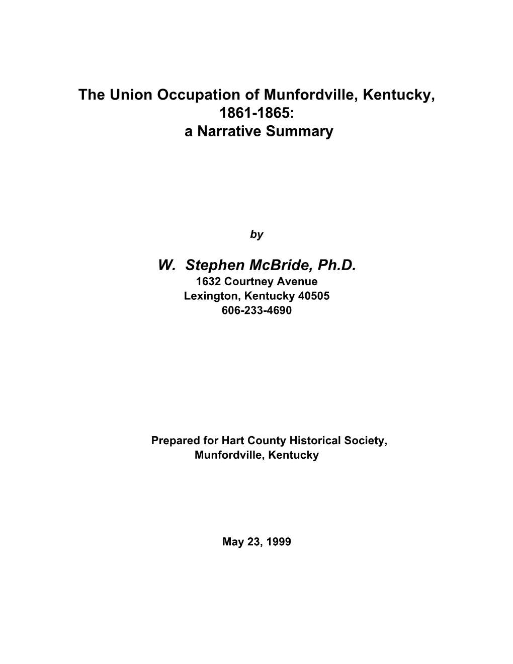 The Union Occupation of Munfordville, Kentucky, 1861-1865: a Narrative Summary
