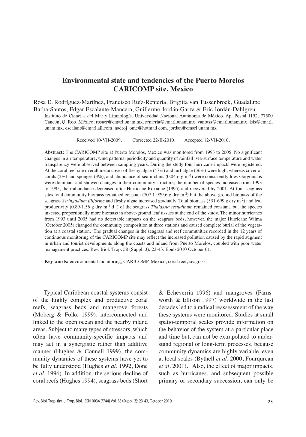 Environmental State and Tendencies of the Puerto Morelos CARICOMP Site, Mexico
