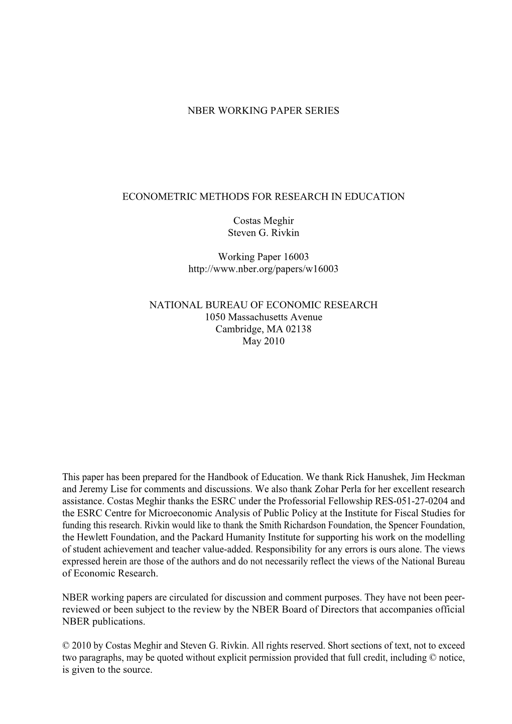 Nber Working Paper Series Econometric Methods For