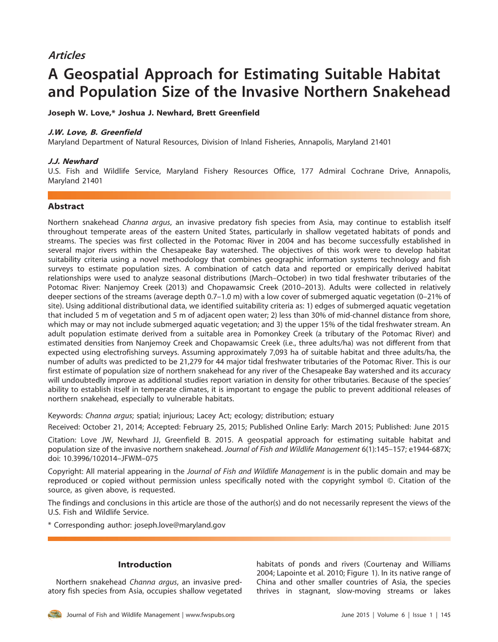 A Geospatial Approach for Estimating Suitable Habitat and Population Size of the Invasive Northern Snakehead