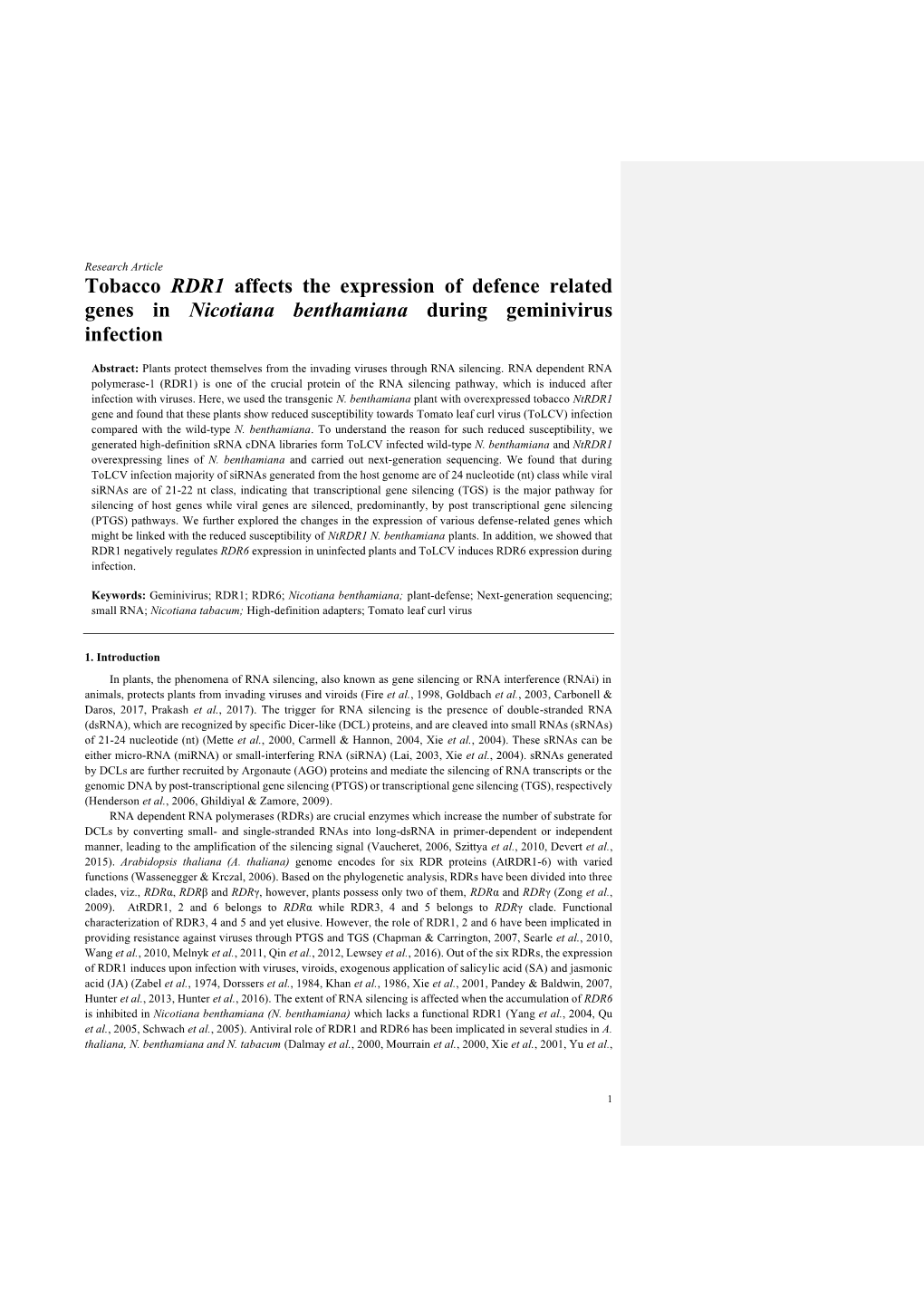 Tobacco RDR1 Affects the Expression of Defence Related Genes in Nicotiana Benthamiana During Geminivirus Infection