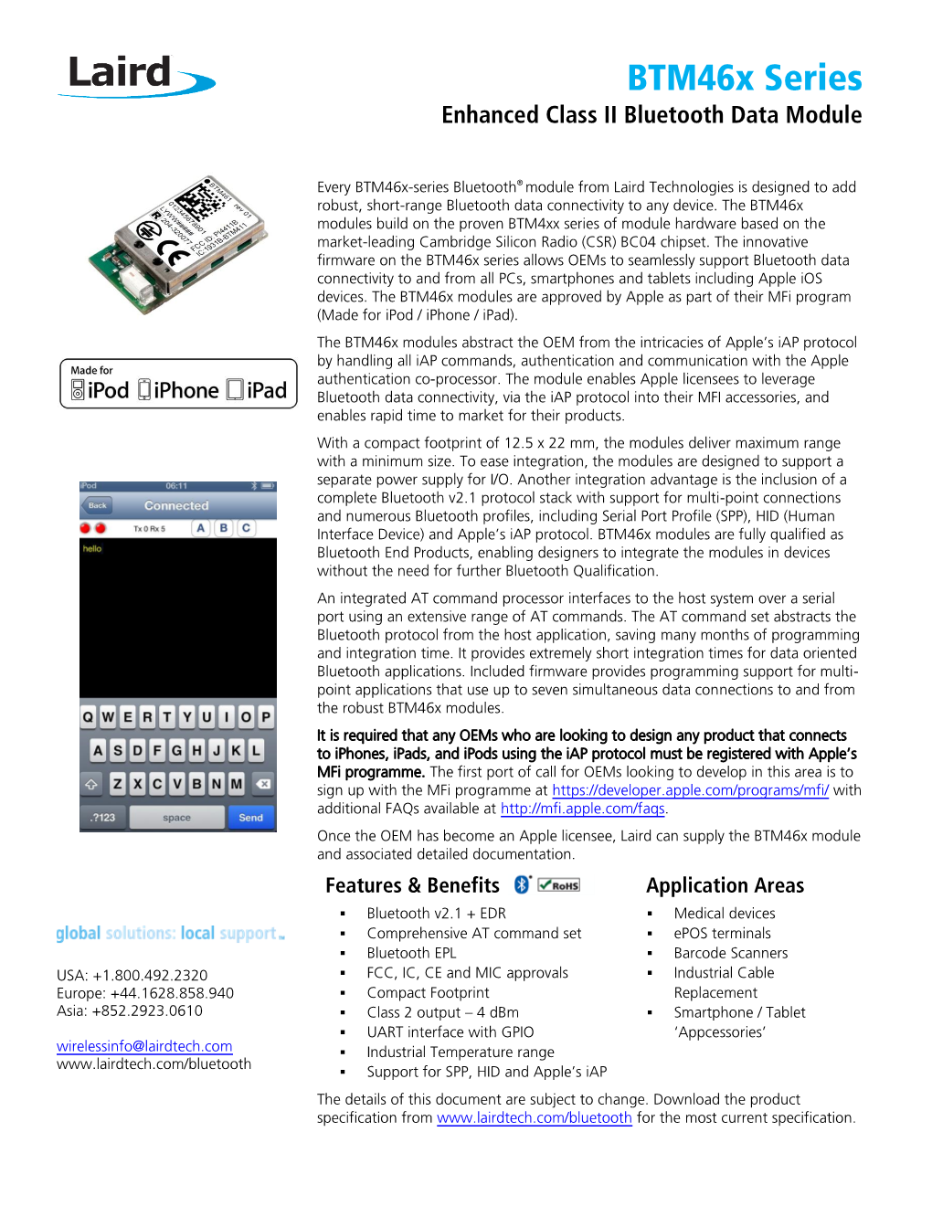 Btm46x Series Enhanced Class II Bluetooth Data Module