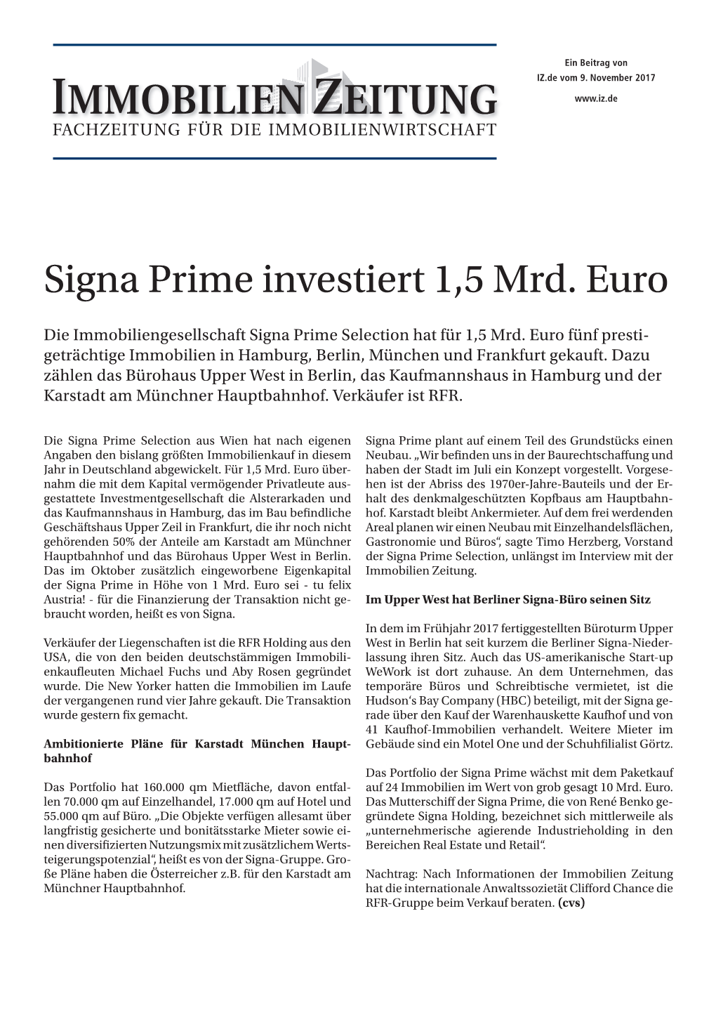 Signa Prime Investiert 1,5 Mrd. Euro