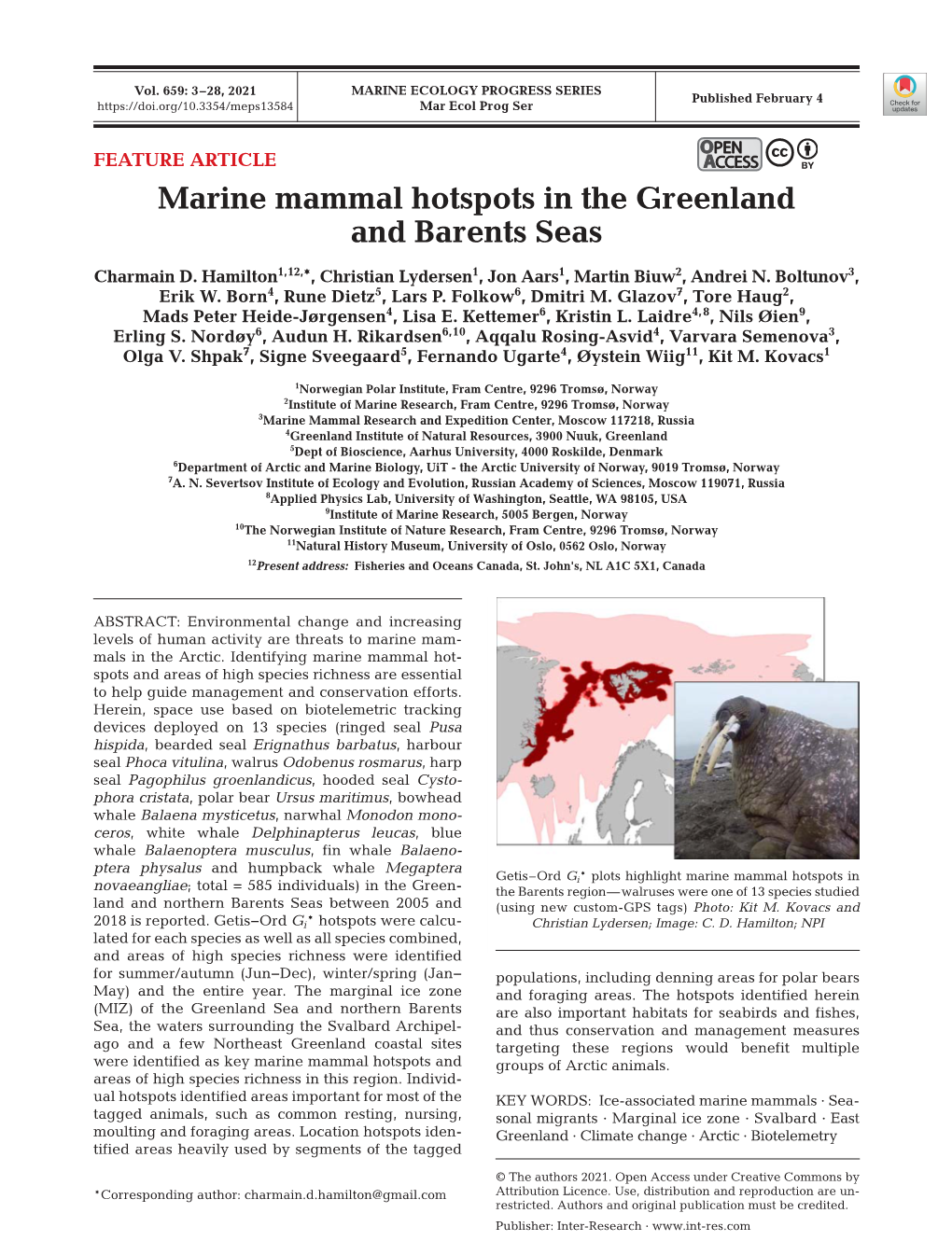 Marine Mammal Hotspots in the Greenland and Barents Seas