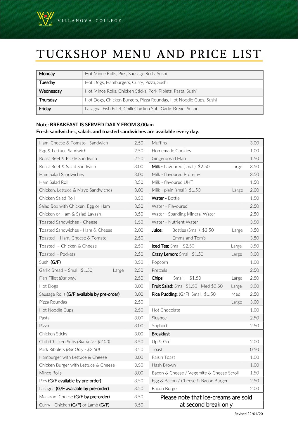 Tuckshop Menu and Price List