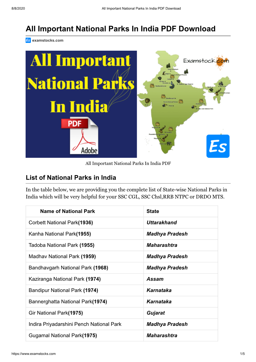 All Important National Parks in India PDF Download