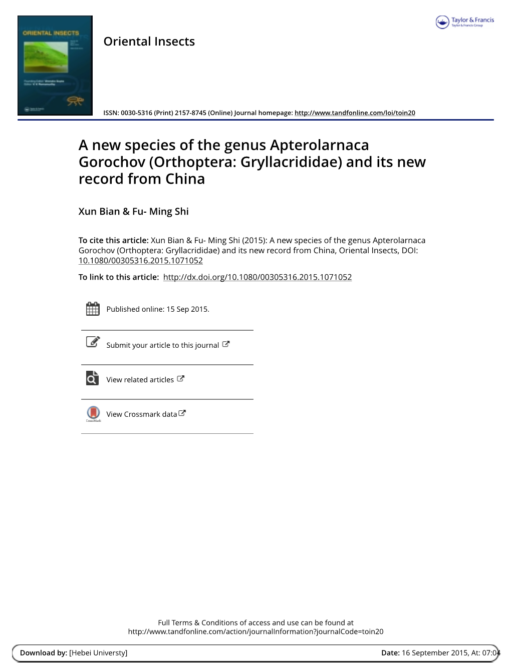 A New Species of the Genus Apterolarnaca Gorochov (Orthoptera: Gryllacrididae) and Its New Record from China