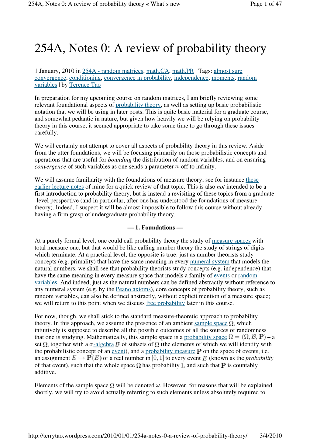 254A, Notes 0: a Review of Probability Theory « What ’S New Page 1 of 47