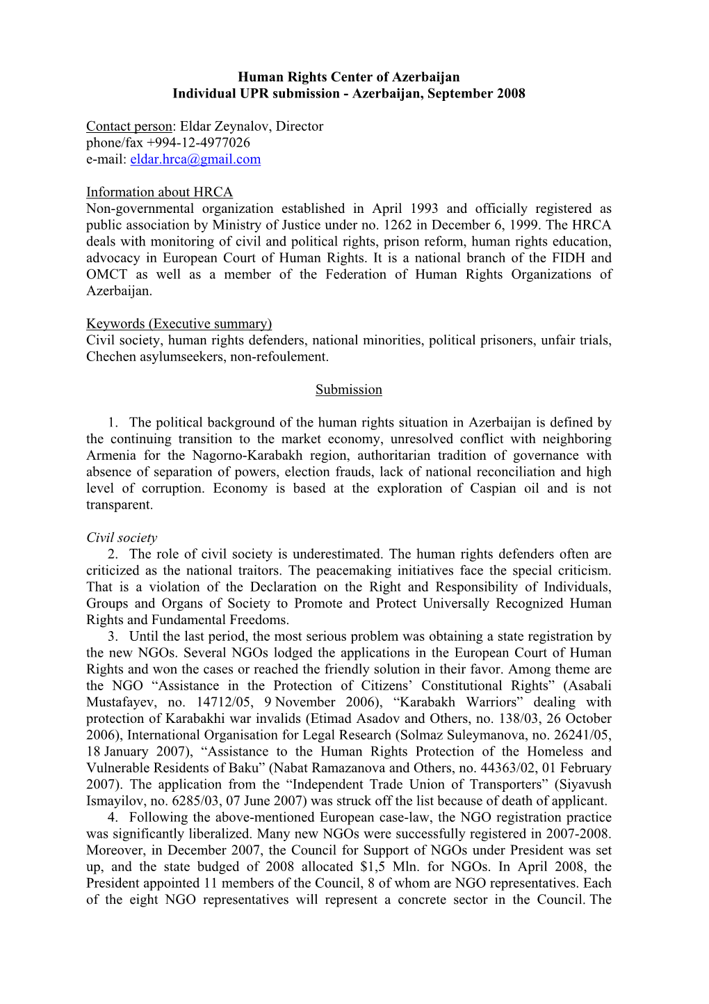 Human Rights Center of Azerbaijan Individual UPR Submission - Azerbaijan, September 2008