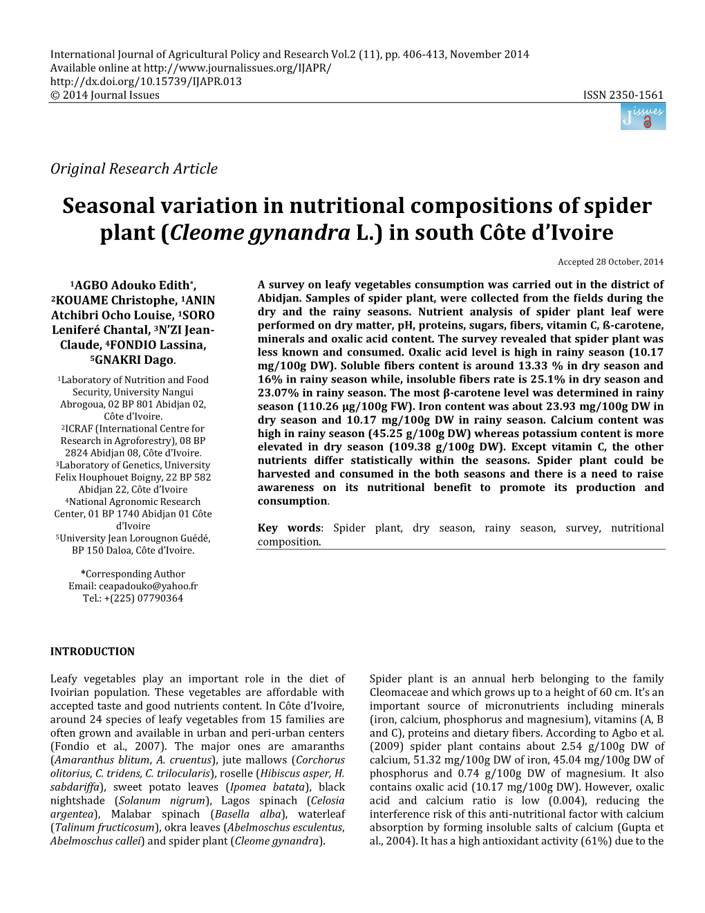Seasonal Variation in Nutritional Compositions of Spider Plant (Cleome Gynandra L.) in South Côte D’Ivoire