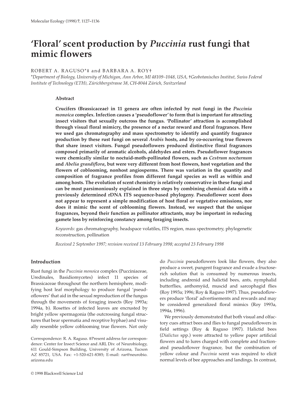 'Floral' Scent Production by Puccinia Rust Fungi That Mimic Flowers