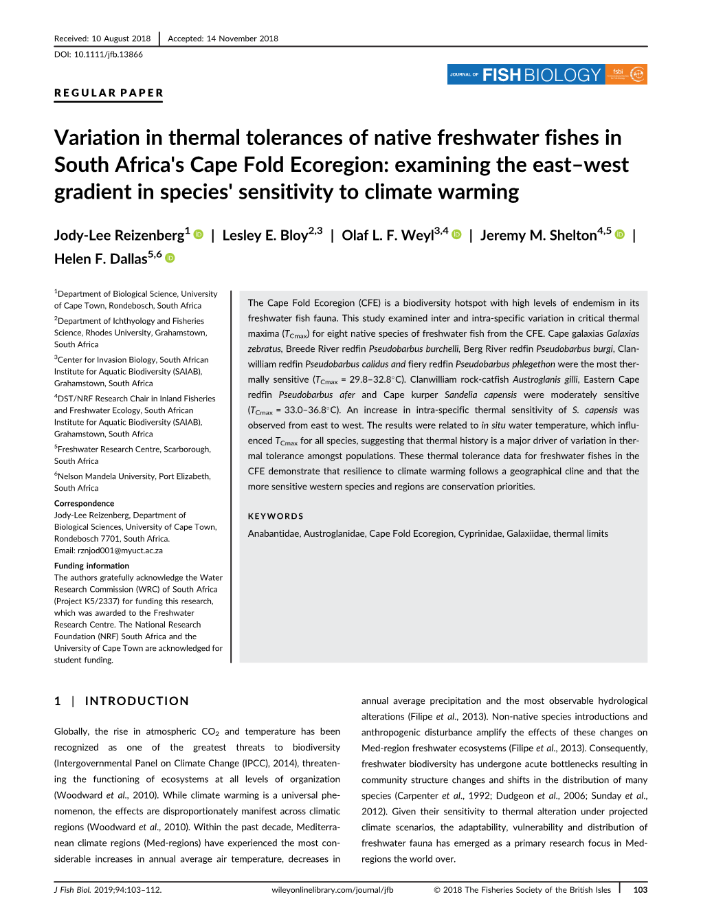 Variation in Thermal Tolerances of Native Freshwater Fishes in South