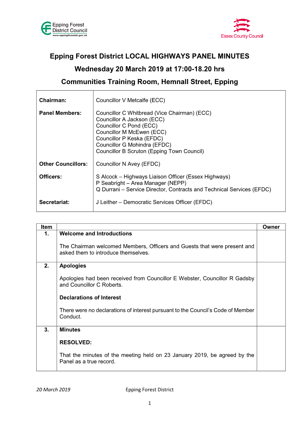 Epping Forest District LOCAL HIGHWAYS PANEL MINUTES Wednesday 20 March 2019 at 17:00-18.20 Hrs Communities Training Room, Hemnall Street, Epping