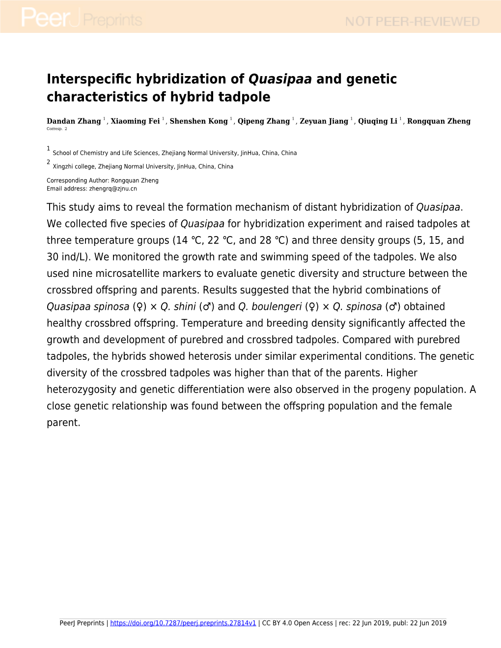 Interspecific Hybridization of [I]Quasipaa[I] and Genetic