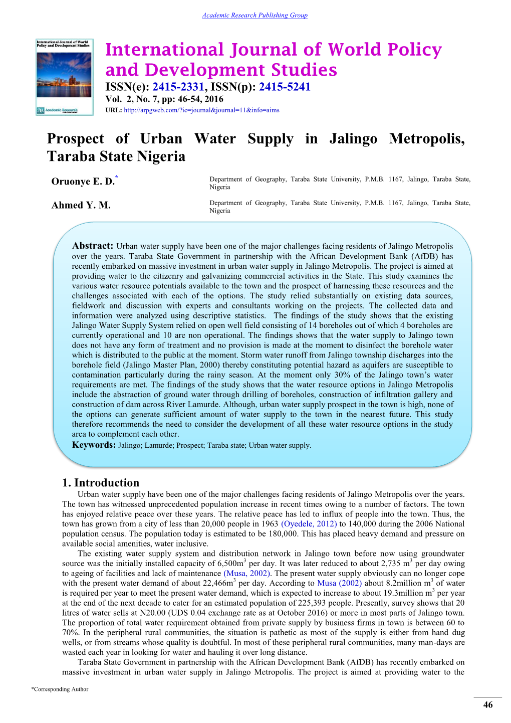 Prospect of Urban Water Supply in Jalingo Metropolis, Taraba State Nigeria