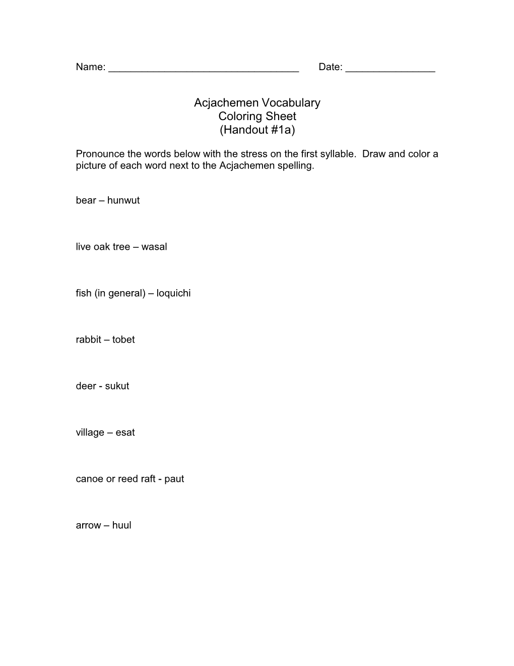 Acjachemen Vocabulary Coloring Sheet (Handout #1A)