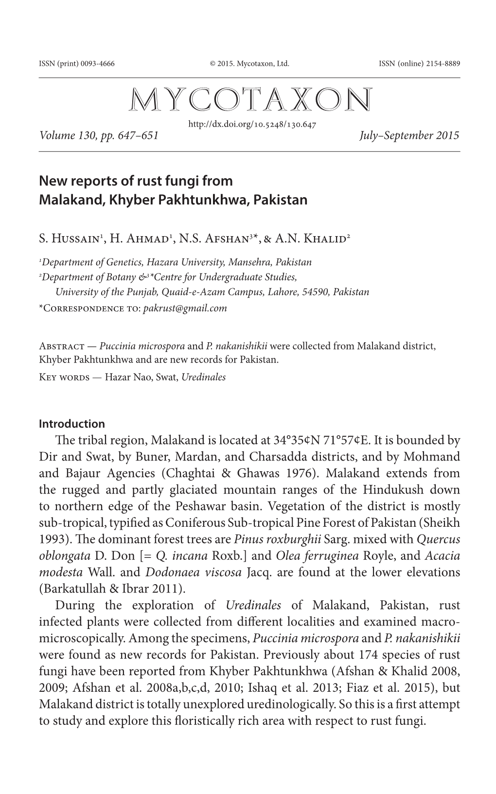 New Reports of Rust Fungi from Malakand, Khyber Pakhtunkhwa, Pakistan