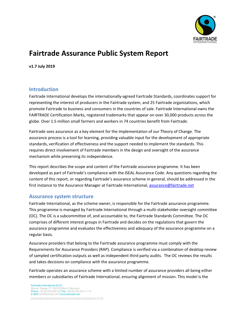 Fairtrade Assurance Public System Report V1.7 July 2019