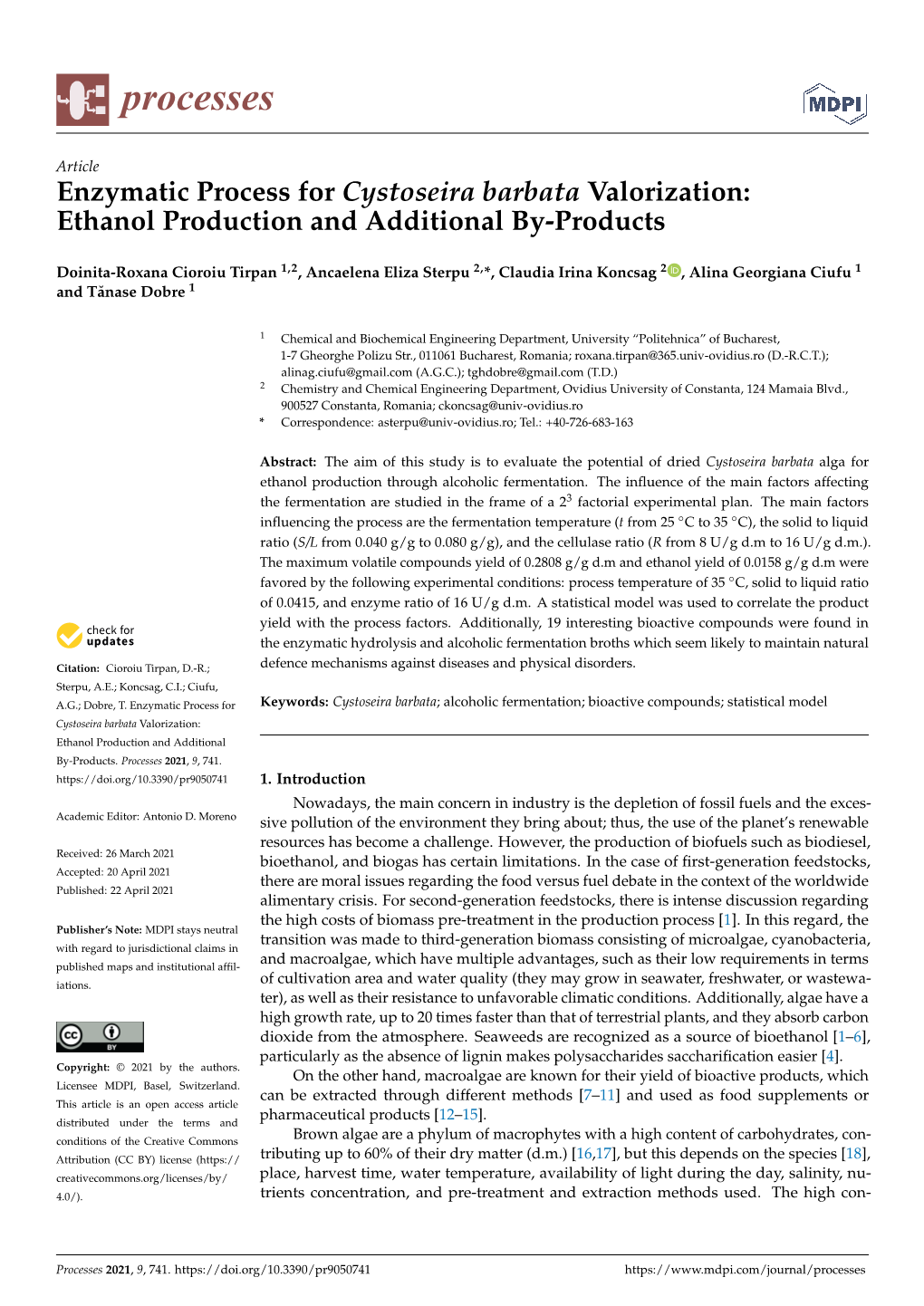 Enzymatic Process for Cystoseira Barbata Valorization: Ethanol Production and Additional By-Products