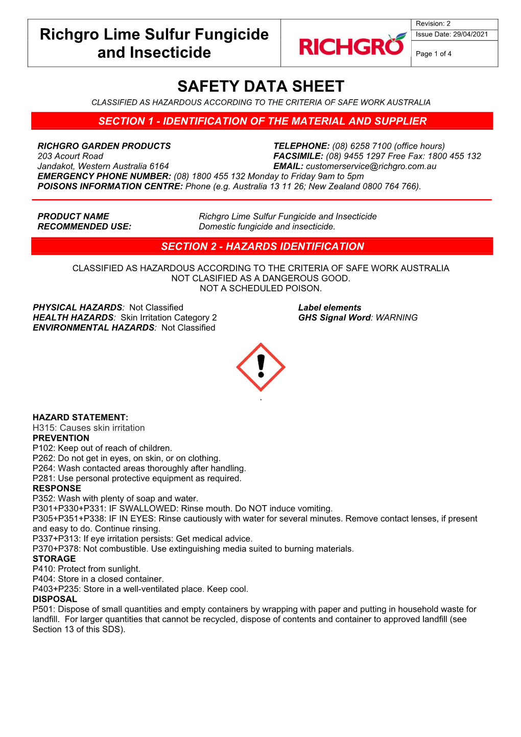 Richgro Lime Sulfur Fungicide and Insecticide SAFETY DATA SHEET