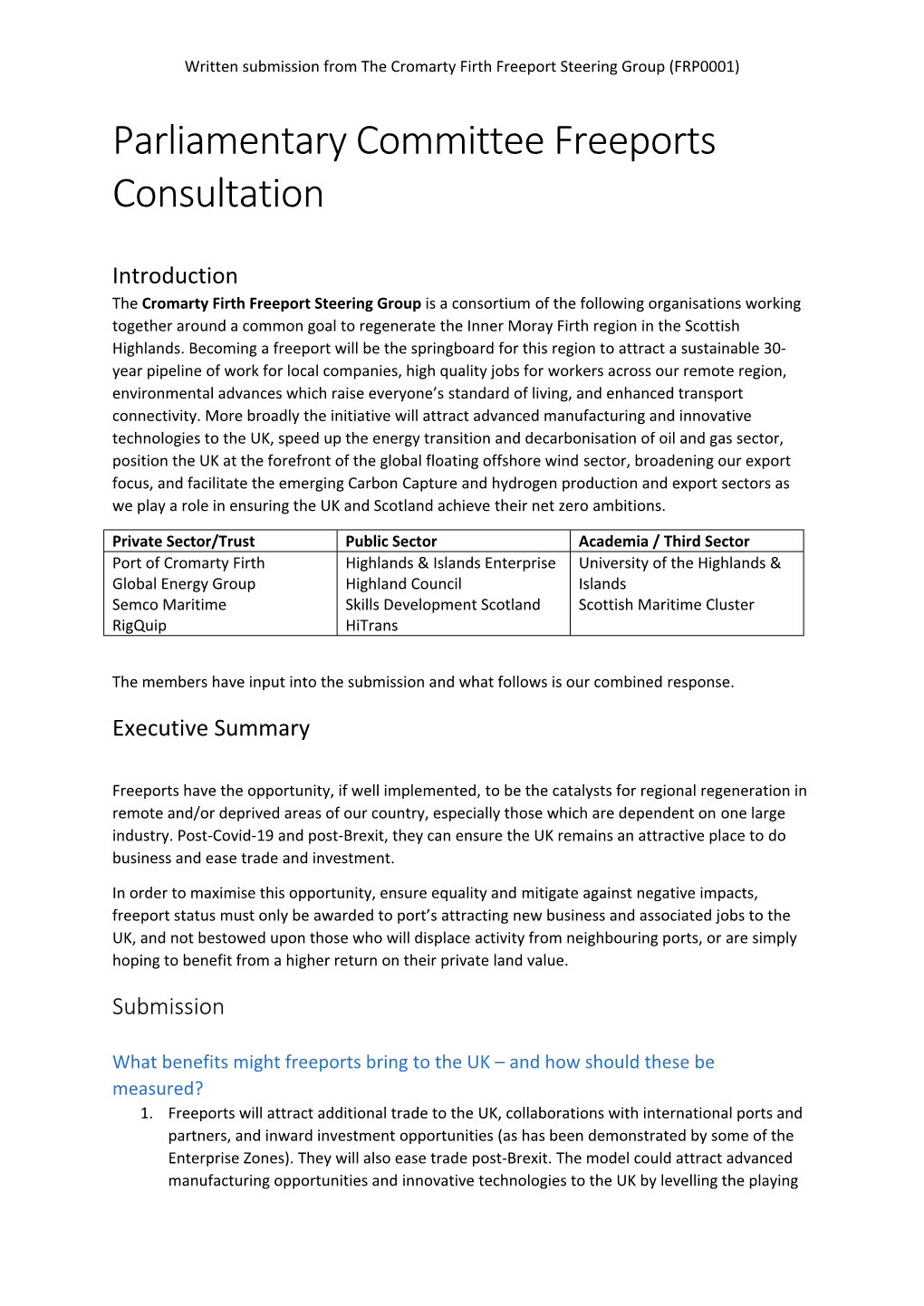 Parliamentary Committee Freeports Consultation