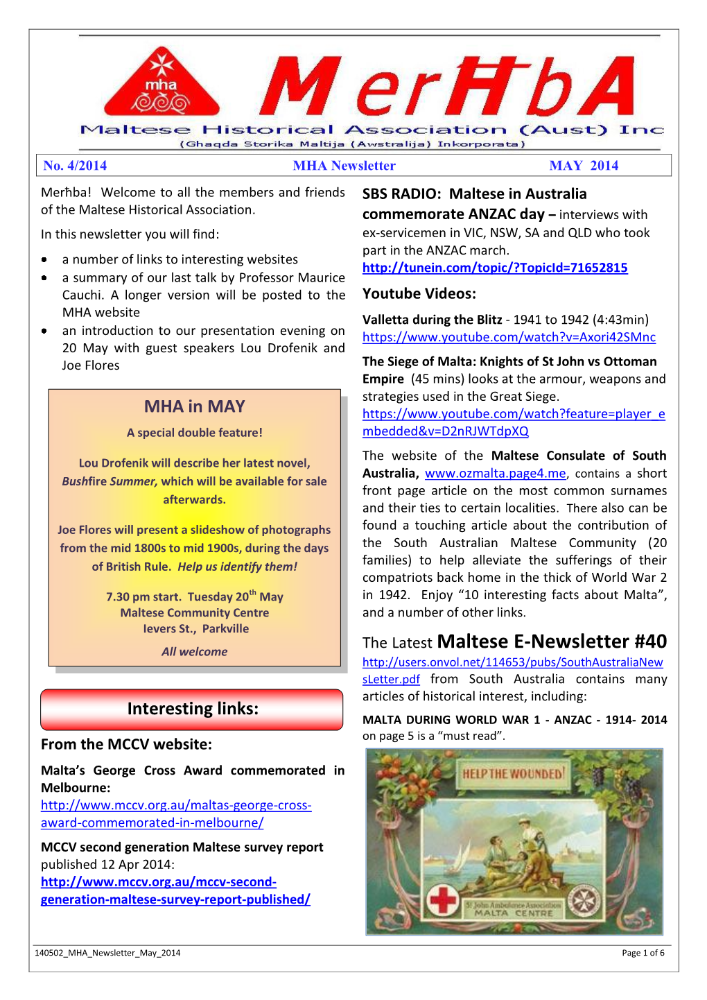 MHA Newsletter MAY 2014