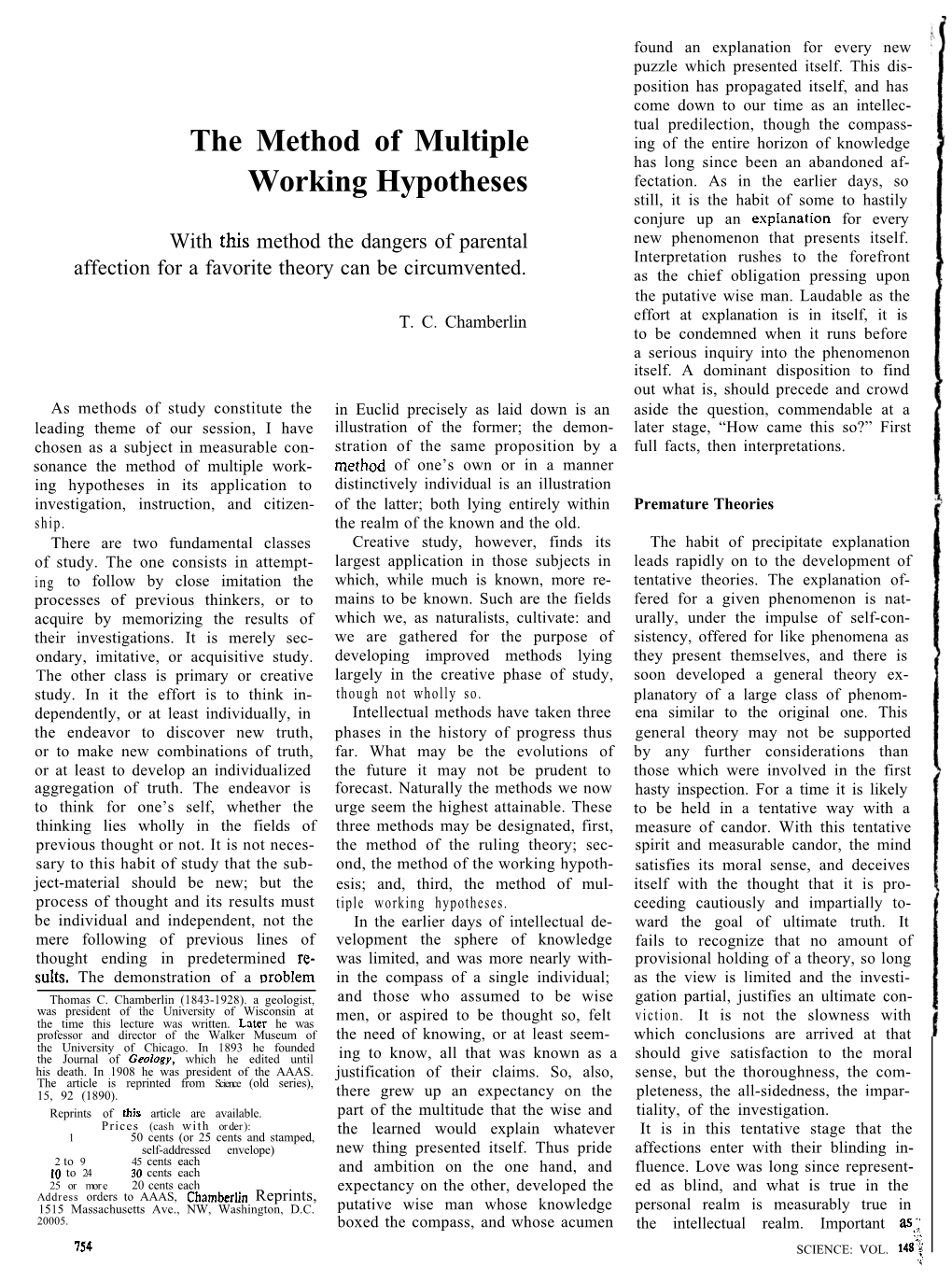 The Method of Multiple Working Hypotheses.” One of These Papers, First Published in the Journal of Geology in 1897, Was Quoted by John R