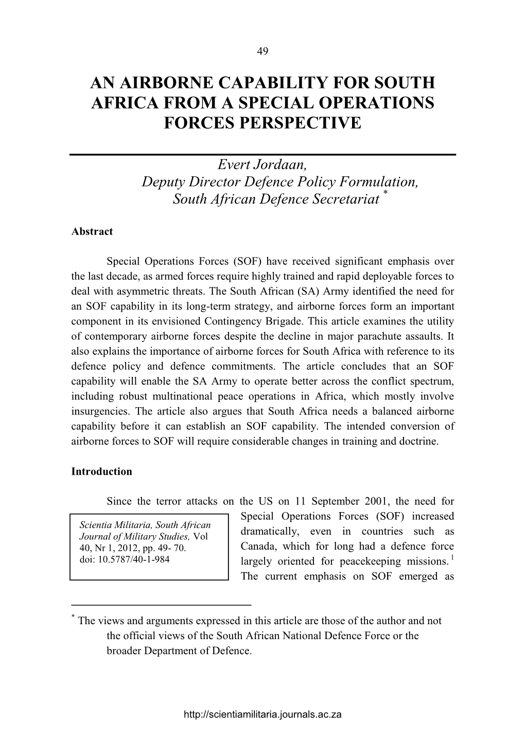 The Relevance of an Airborne Capability for South Africa from an SOF Perspective