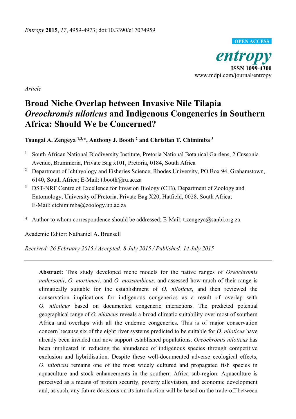 Broad Niche Overlap Between Invasive Nile Tilapia Oreochromis Niloticus and Indigenous Congenerics in Southern Africa: Should We Be Concerned?