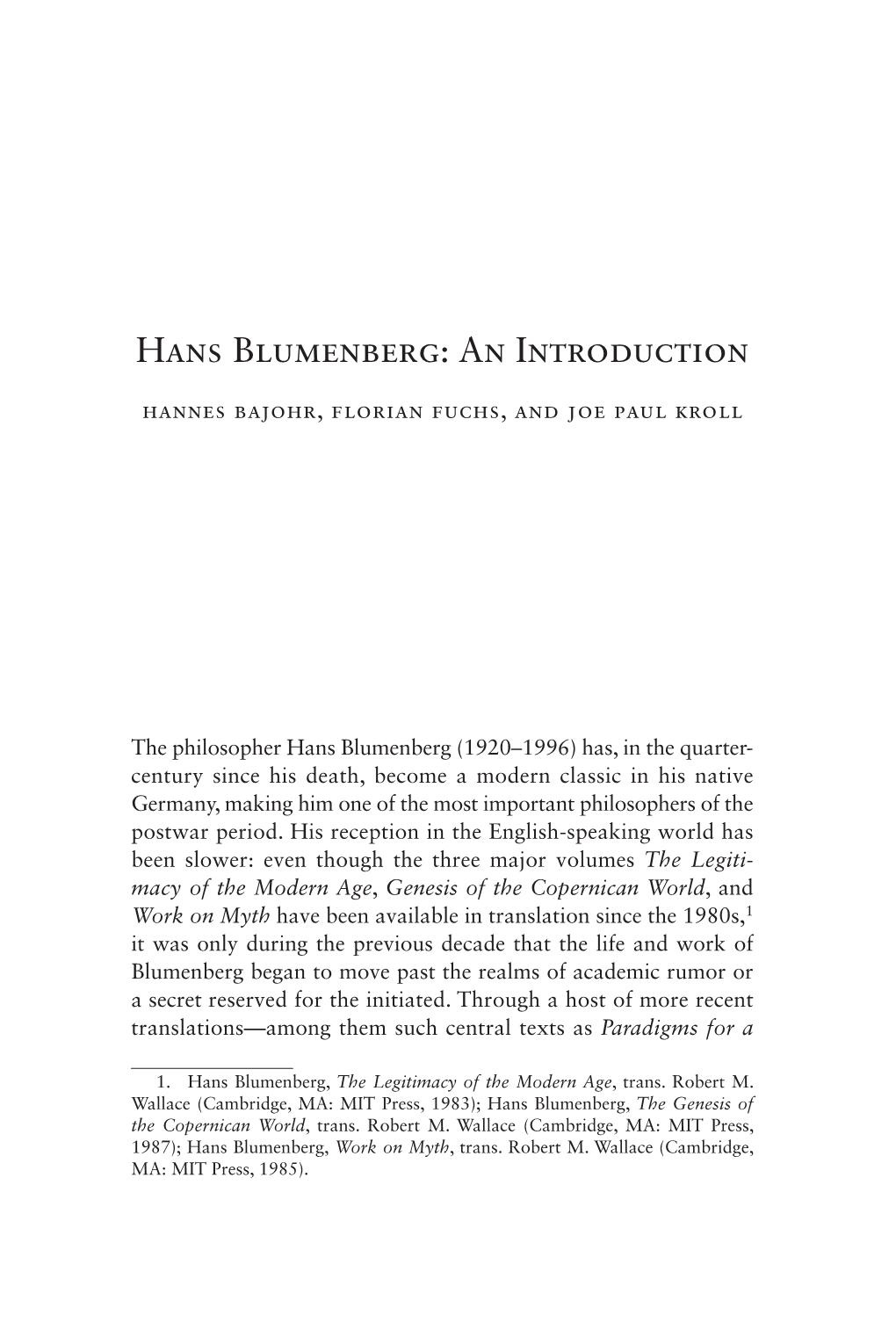 Hans Blumenberg: an Introduction