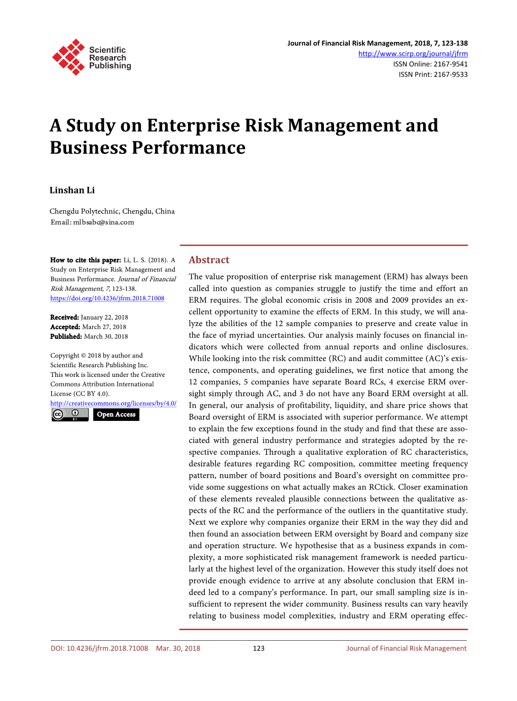 A Study on Enterprise Risk Management and Business Performance