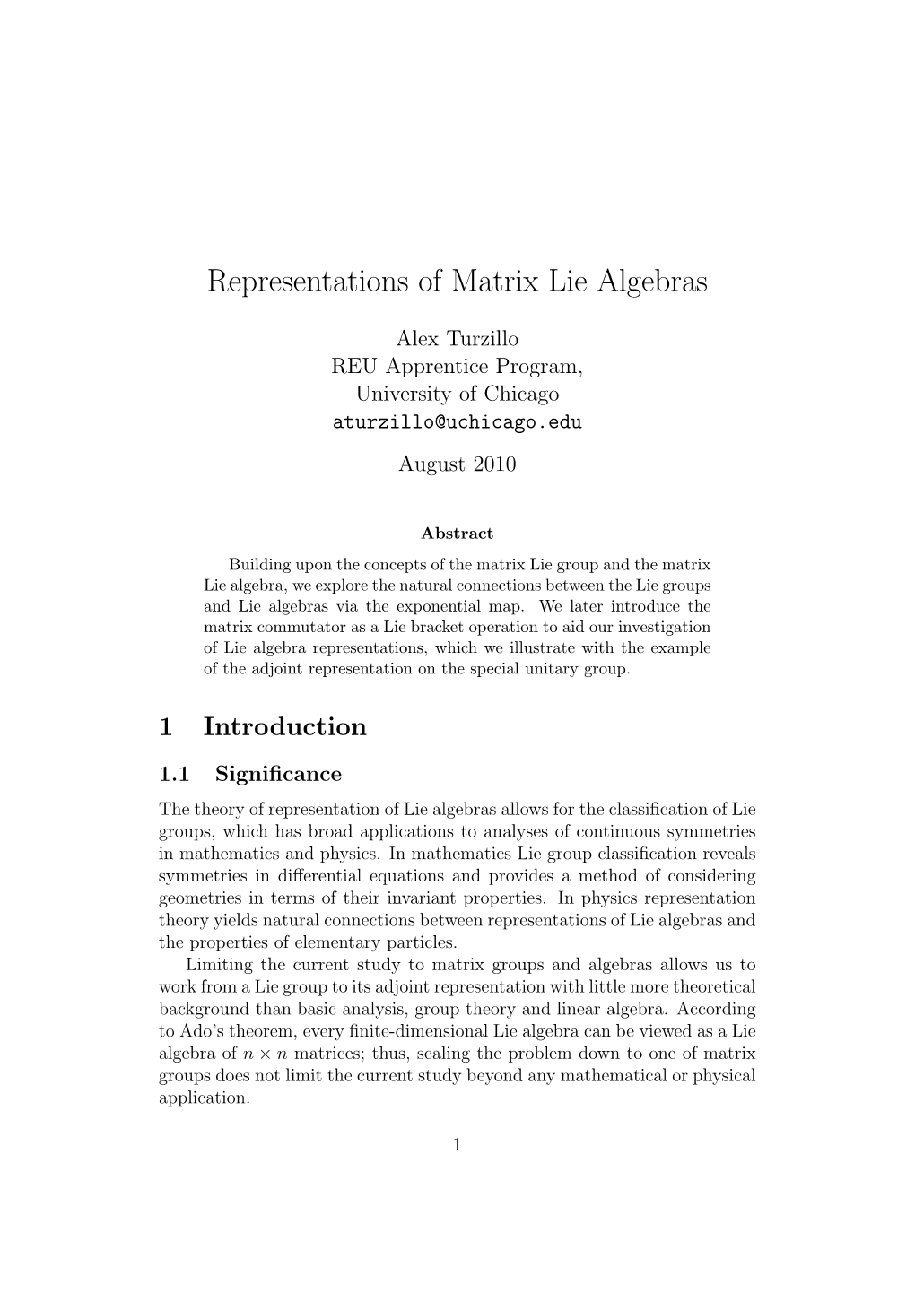 Representations of Matrix Lie Algebras
