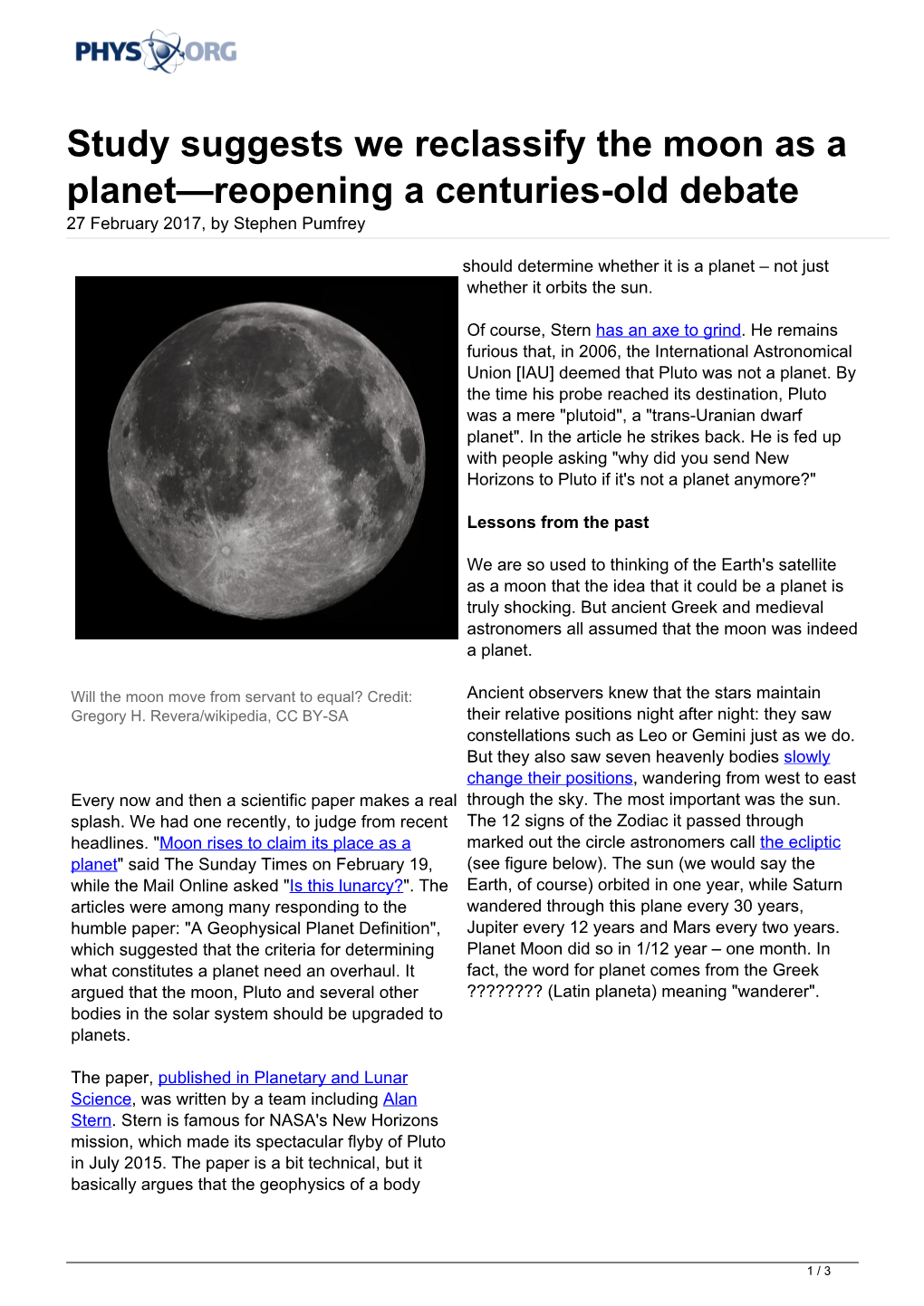 Study Suggests We Reclassify the Moon As a Planet—Reopening a Centuries-Old Debate 27 February 2017, by Stephen Pumfrey