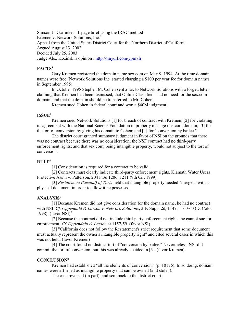 Simson L. Garfinkel - 1-Page Brief Using the IRAC Method 1