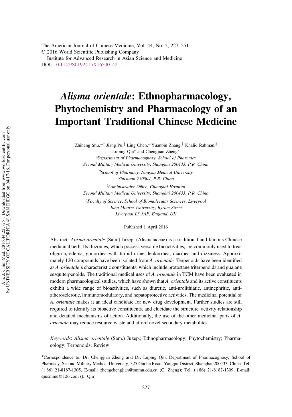 Alisma Orientale: Ethnopharmacology, Phytochemistry and Pharmacology of an Important Traditional Chinese Medicine