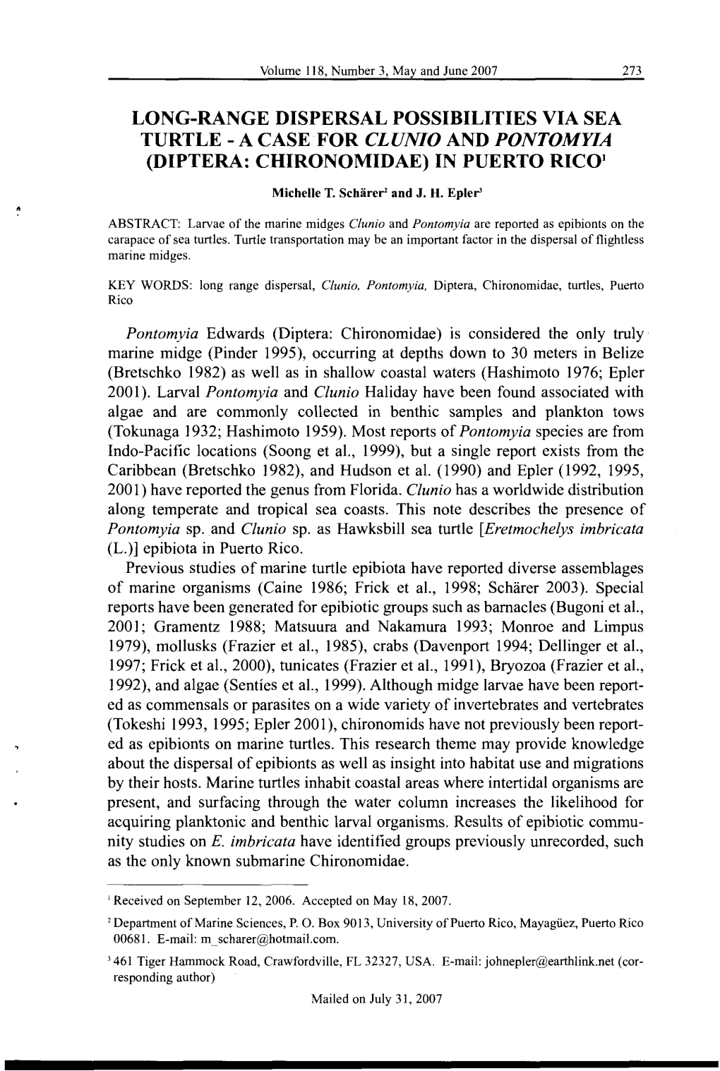 Long-Range Dispersal Possibilities Via Sea Turtle - a Case for Clunio and Pontomyia (Diptera: Chironomidae) in Puerto Rico1