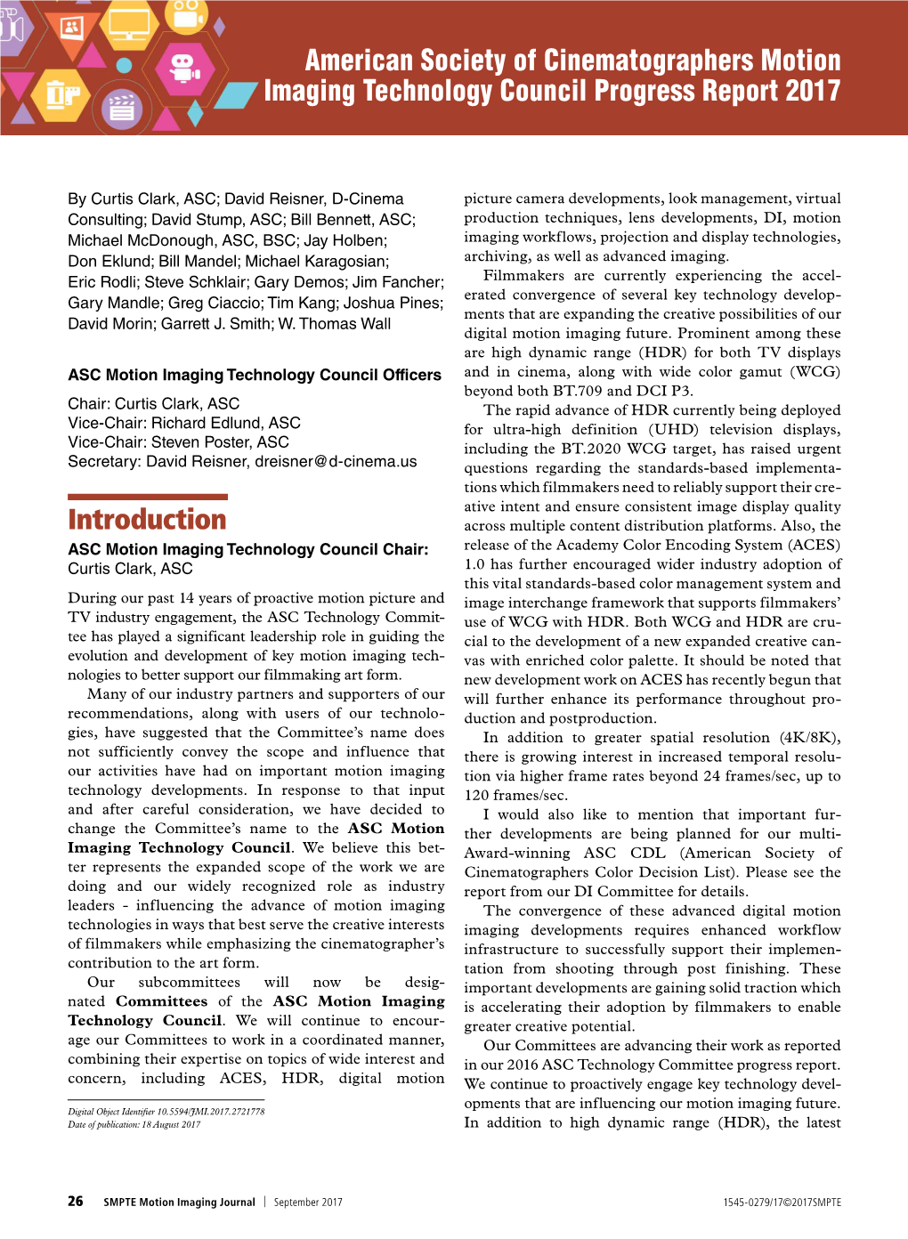 American Society of Cinematographers Motion Imaging Technology Council Progress Report 2017