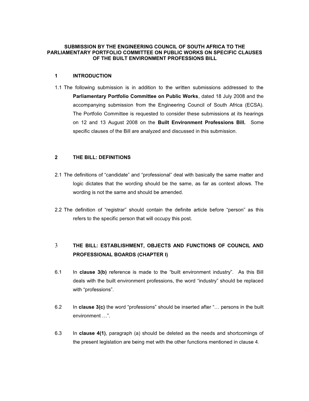 Third Draft: Submission by the Engineering Council of South Africa to the Parliamentary